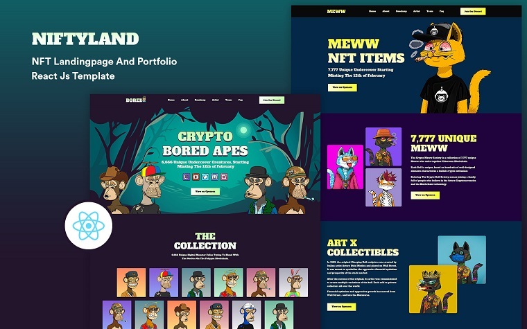 Niftyland - NFT Landing page And Portfolio React Js Template.