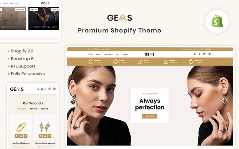 Gems - Fine Jewellery & Gold Premium Shopify Theme.