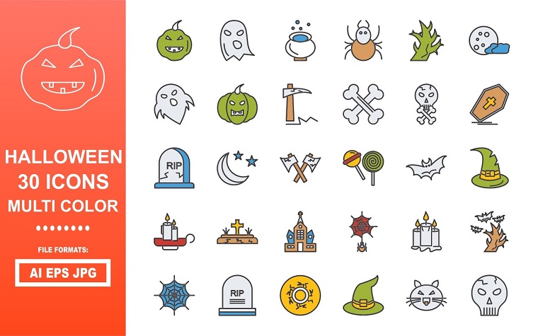 30 Halloween Multi Color Icon Pack.