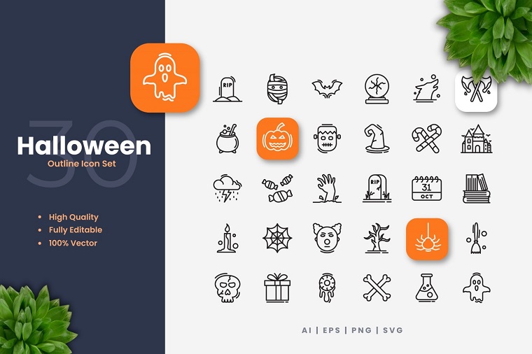 30 Halloween Outline Icon Set.