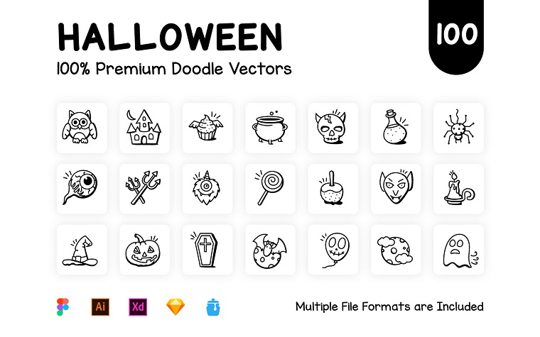 Set of Scary Doodle Halloween Icons.