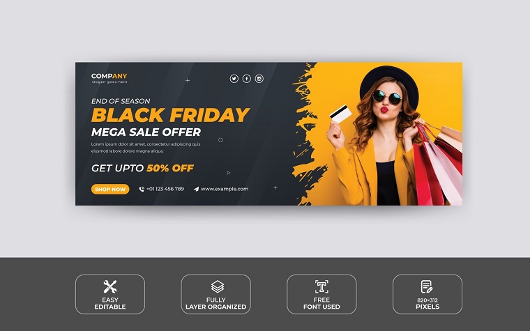 Black Friday Fashion Promotional Sale Facebook Cover and Web Banner Design Template.