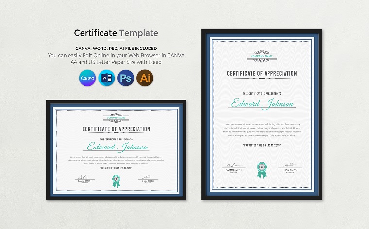 Canva Certificate of Appreciation Template available in A4 and US letter size.