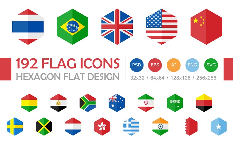 192 Flag Icons Hexagon Flat Design Iconset template.