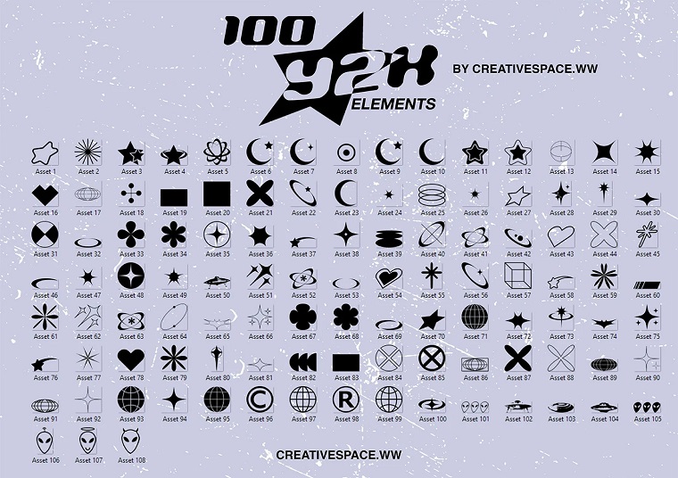 Y2K Aesthetic icons (100 assets for Logos, graphic design, Clothing).