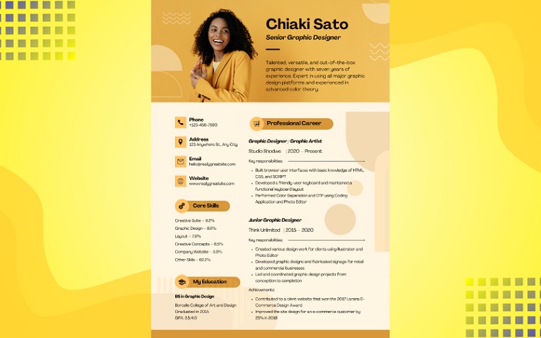 Yellow Creative Graphic Design Resume CV Curriculum Vitae.