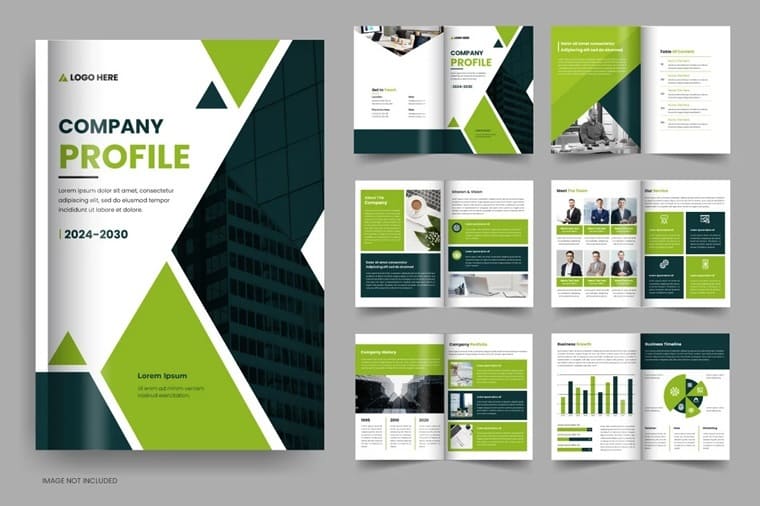 Company profile template, business brochure layout.